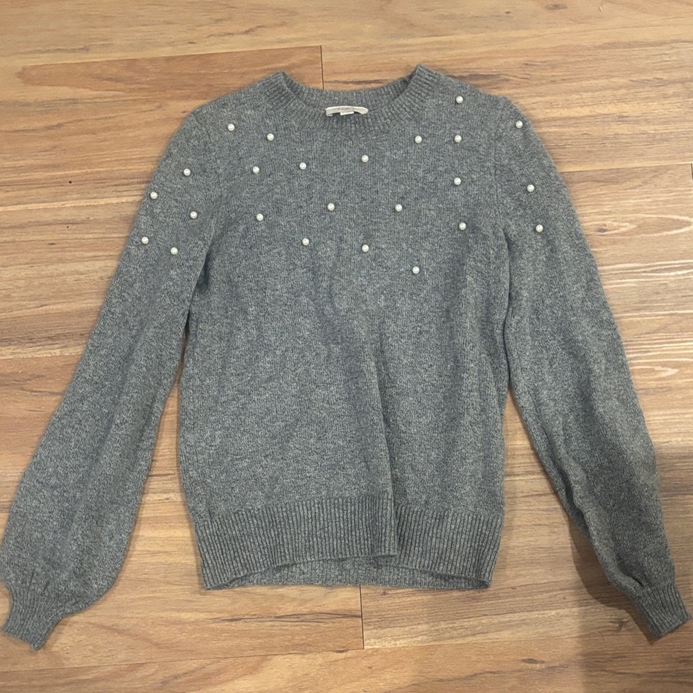 LOFT Gray Pearl-Embellished Sweater